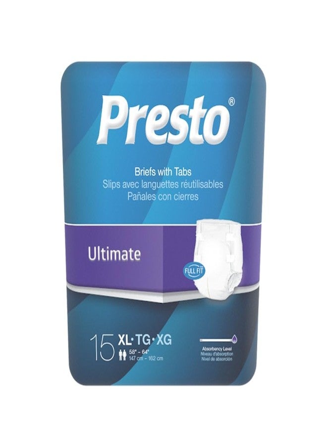 Presto! Presto Ultimate Incontinence Briefs with Tabs, X-Large (58"- 64" Waist) – Unisex Adult Diapers - MoistureLock Dual Core & OdorSecure Technology for Comfort & Protection – 15 Count (Pack of 1)